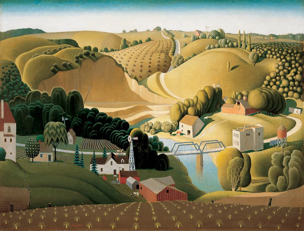 Painting by artist Grant Wood of Stone City, Iowa depicting the town's rural landscape with rolling hills, farmland, and a river.