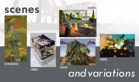 five different works of art are displayed in a postcard format