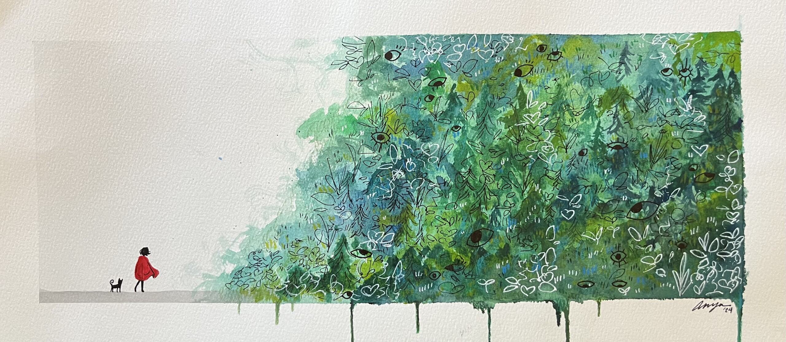 Watercolor painting of a girl in a red coat and a black cat standing in front of a stylized green space. Painted by Anya Adcock