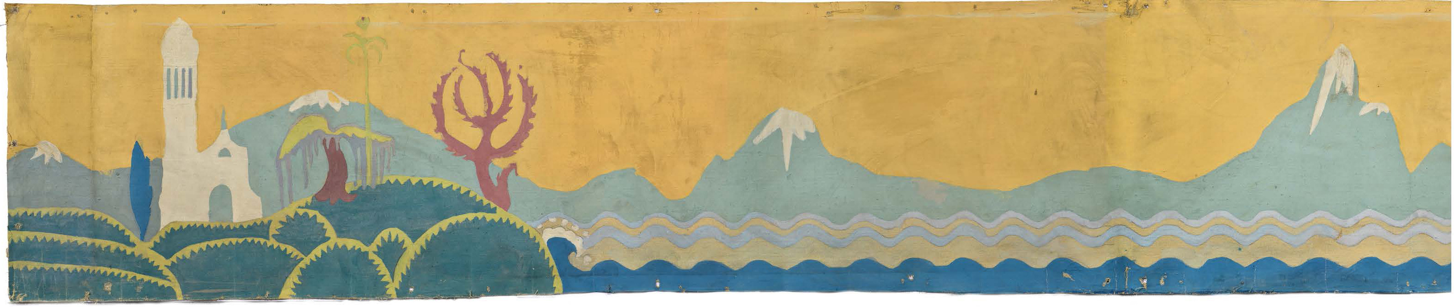 mural painting of blue and grey mountains and water with a yellow sky showing movement.