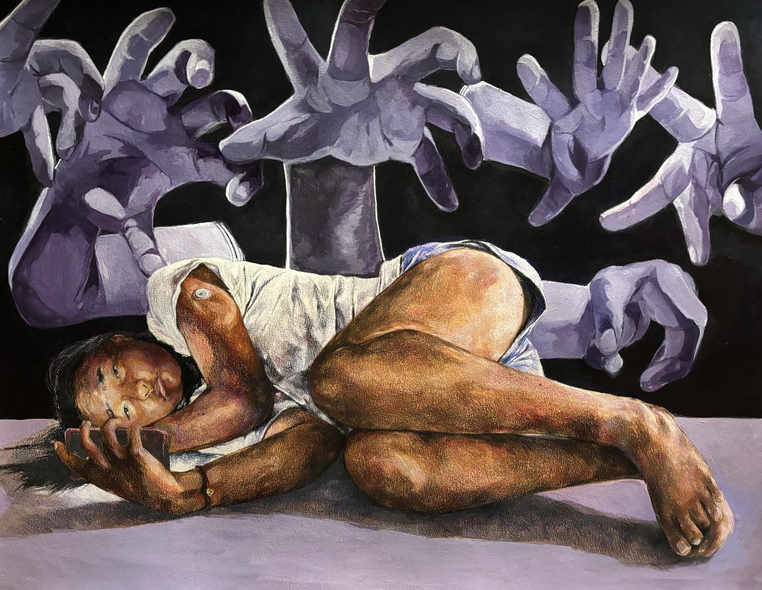 Drawing of a girl with an injection port on her arm curled up on her side looking at her phone while ominous hands reach out from behind her. By Sherry Tang