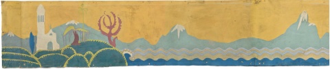 painting of a church, sea, and mountains