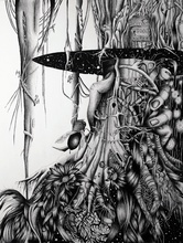 Line drawing of hand holding tree with roots