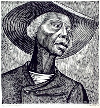 Black and White print of a woman in a wide brimmed hat