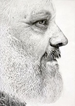 black and white drawing of the profile of a white man with a white beard
