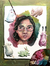 painting of a girl with glasses surrounded by 5 bunnies