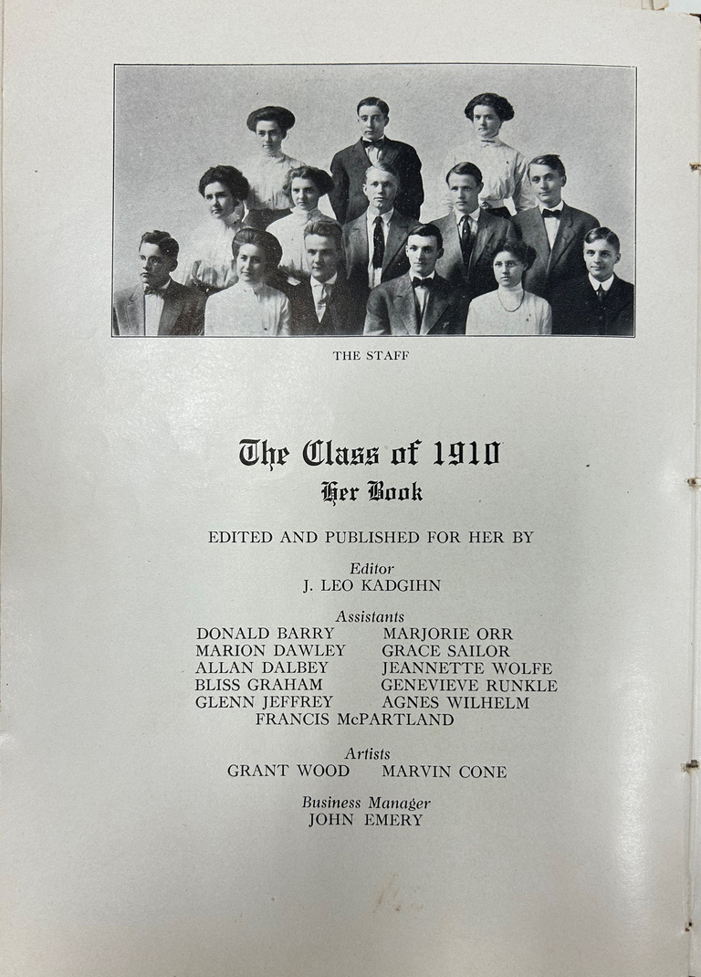 black and white photo of 14 teenagers in 1910s styles with list of names below