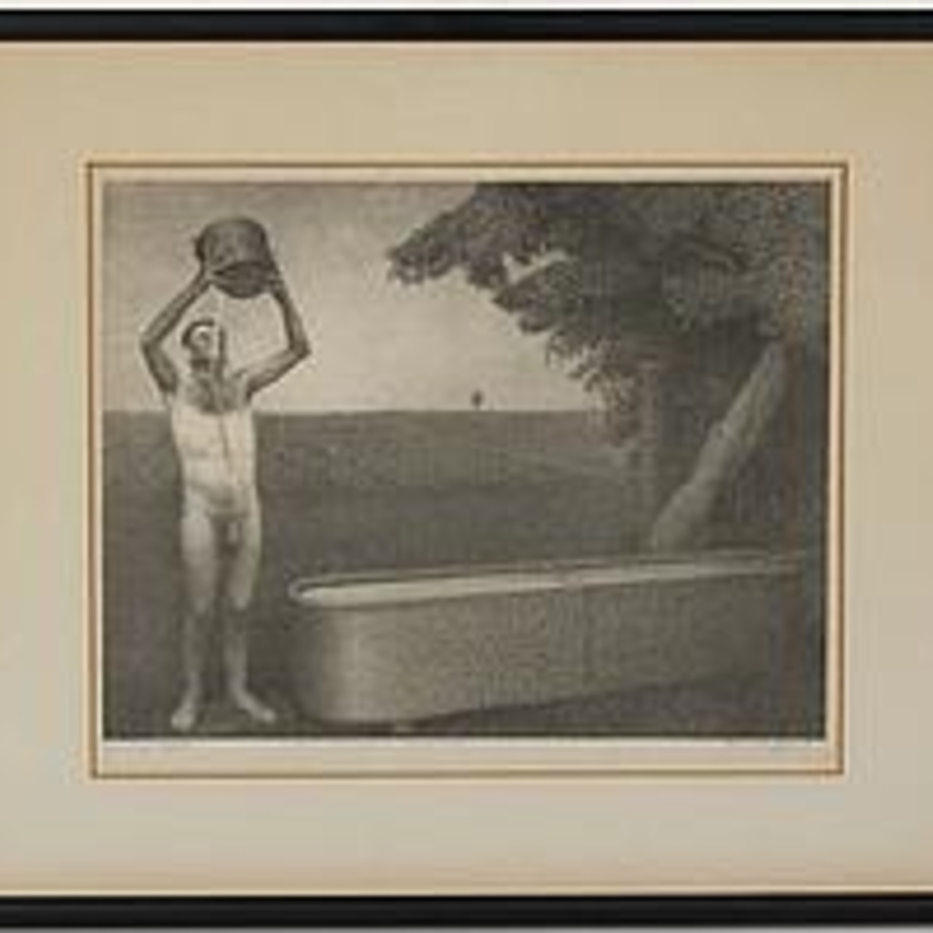 black and white print of worker pouring water over him