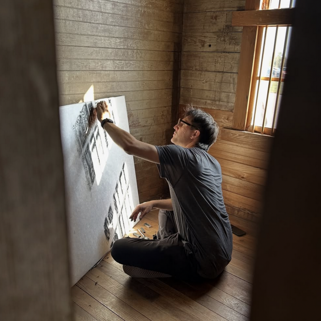 a man sits on the floor drawing on a white board in a wooden room