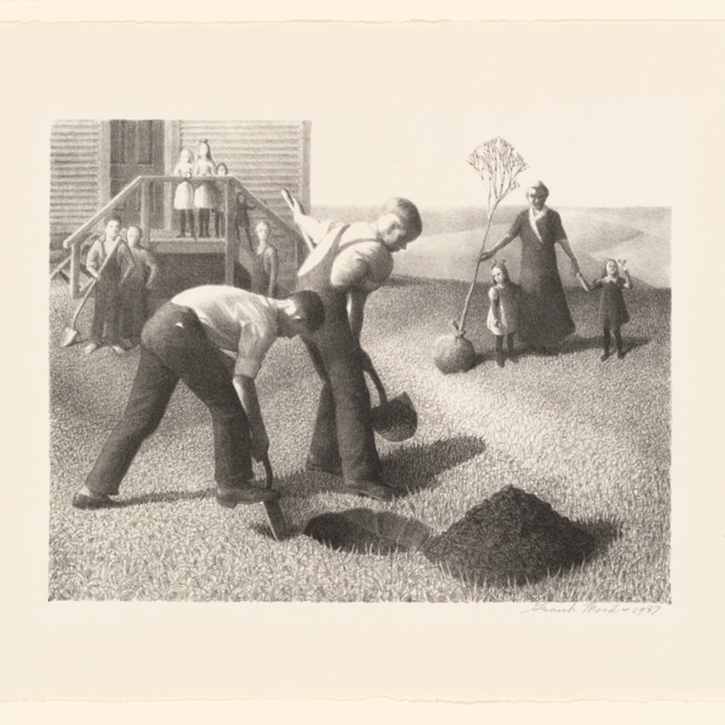 black and white print of young people planting a tree with a teacher carrying a tree in the background