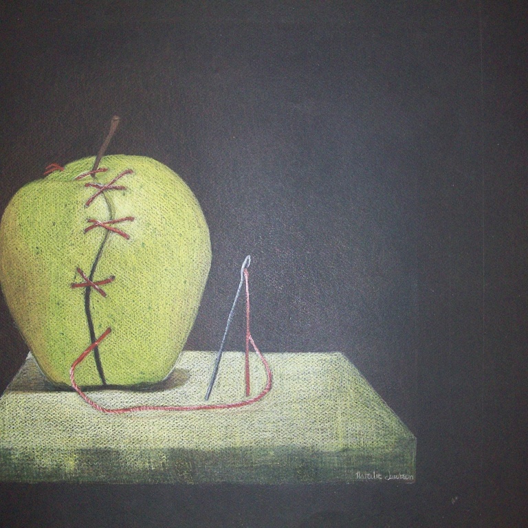 Drawing of a green apple with a thread and needle by Natalie Jacobson