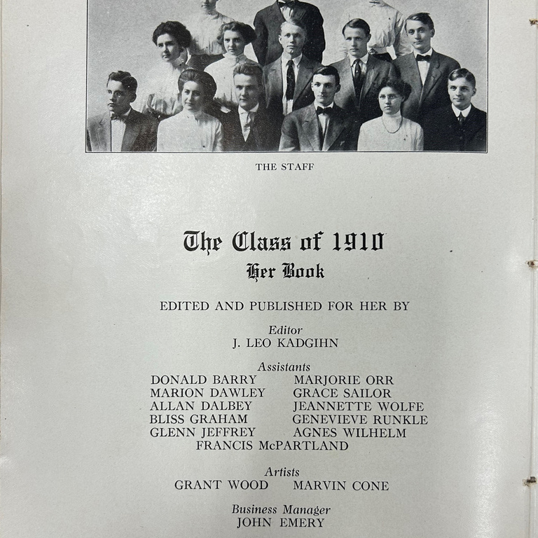 black and white photo of 14 teenagers in 1910s styles with list of names below