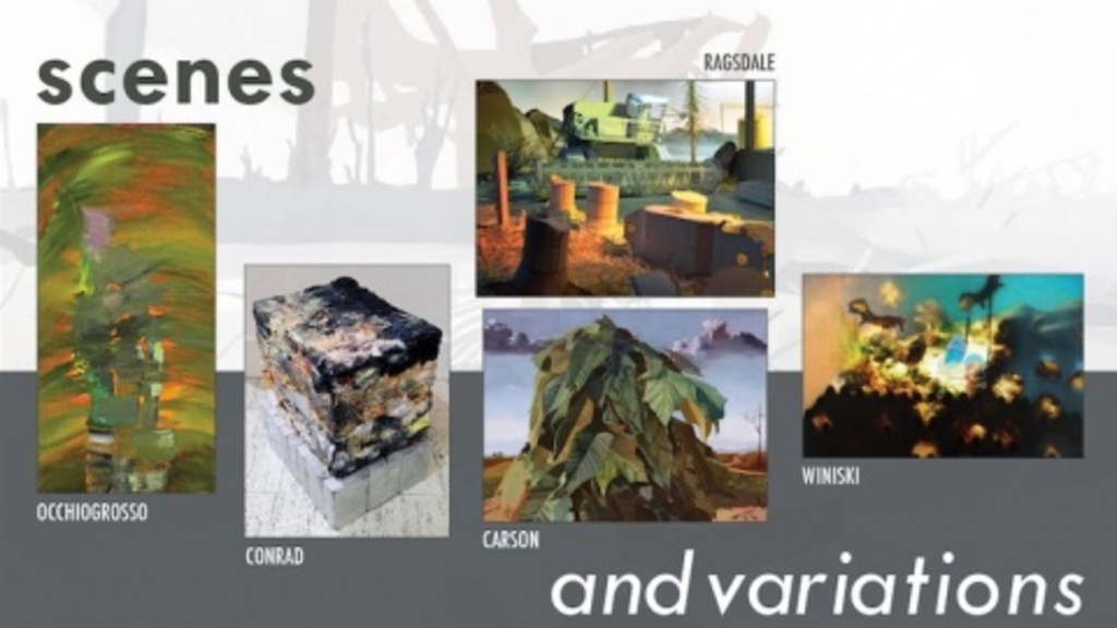 five different works of art are displayed in a postcard format