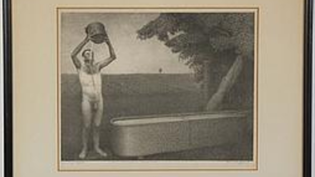 black and white print of worker pouring water over him