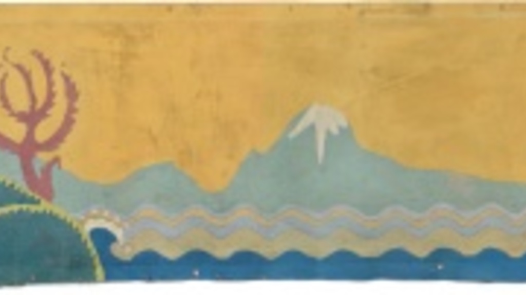 painting of a church, sea, and mountains