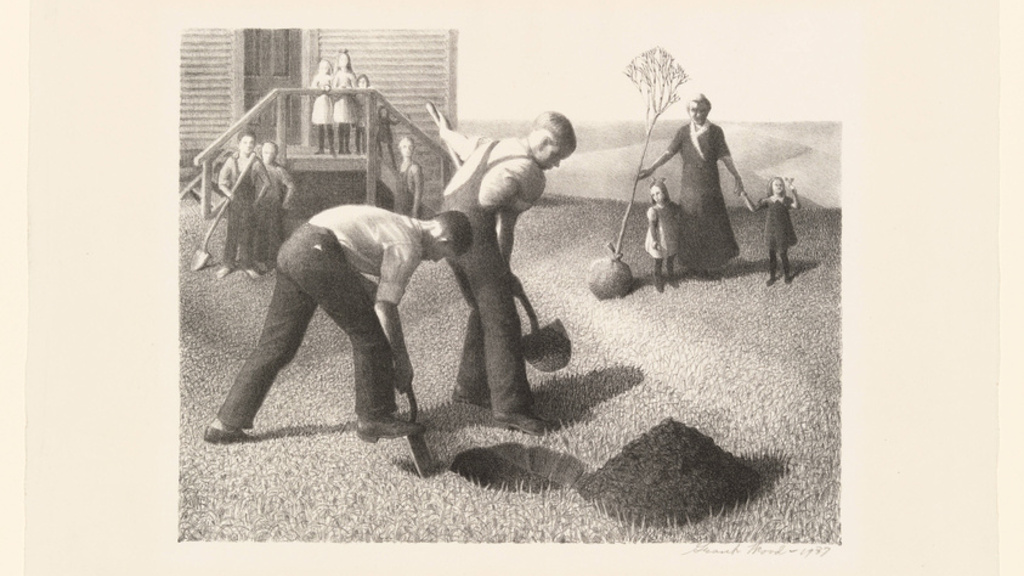black and white print of young people planting a tree with a teacher carrying a tree in the background